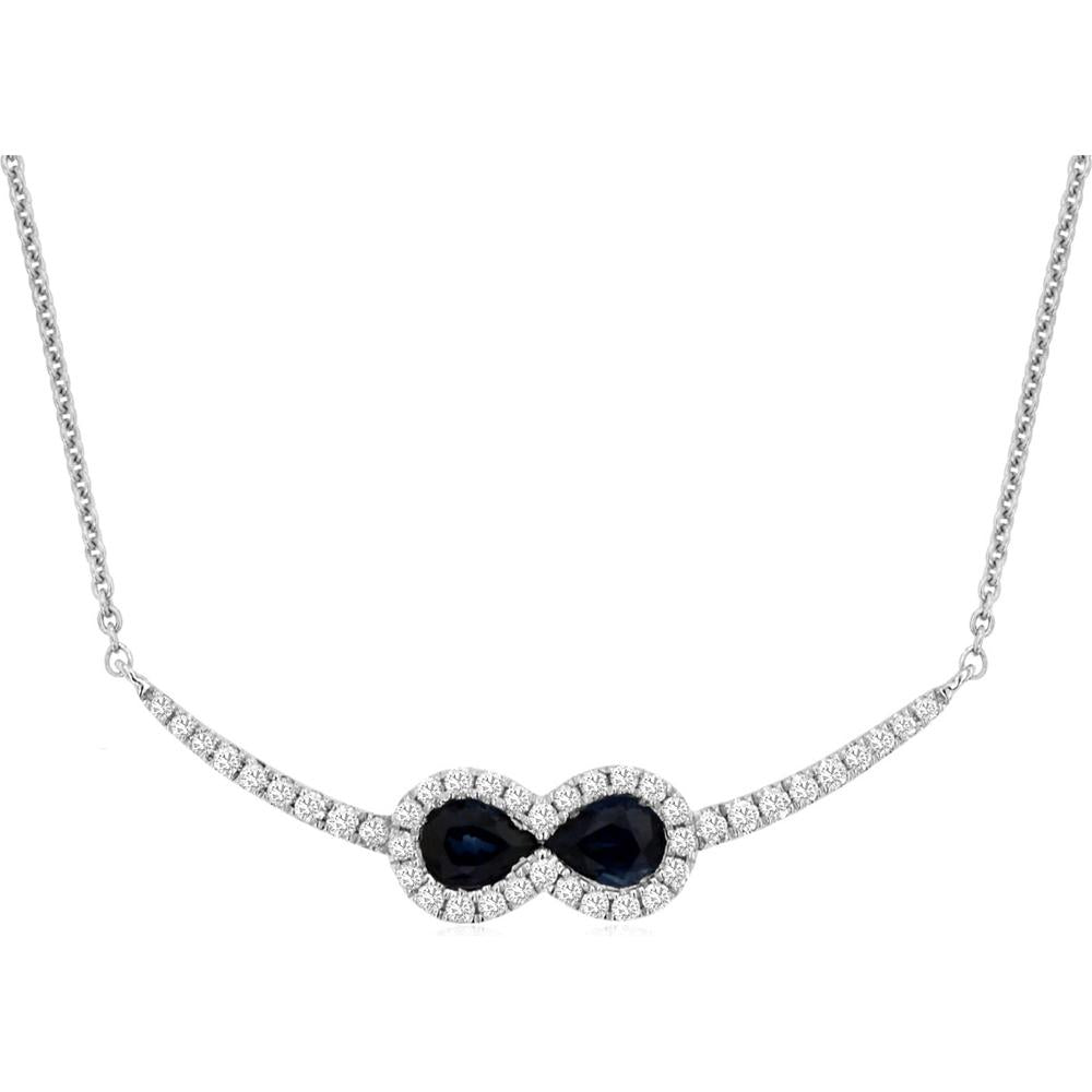 14K White Gold Sapphire & Diamond Smile Necklace with Pear-Shaped Sapphires and Halo of Diamonds - 0.58 Carats Total Gem Weight