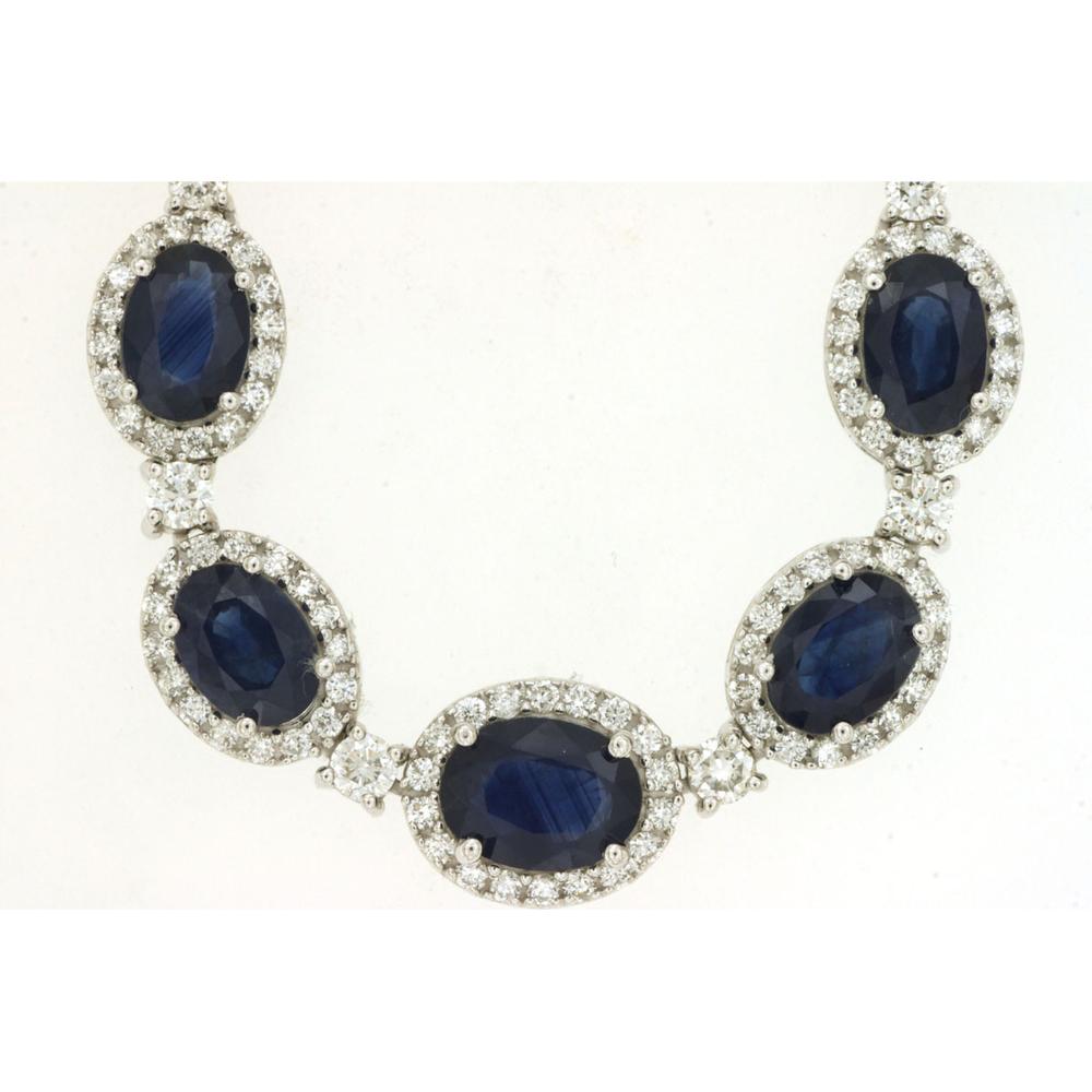 14K White Gold Sapphire and Diamond Station Necklace with Oval Sapphire Halo Stations - 16.70 Carat Total Sapphire Weight and 5.40 Carat Total Diamond Weight - Royal Jewelry
