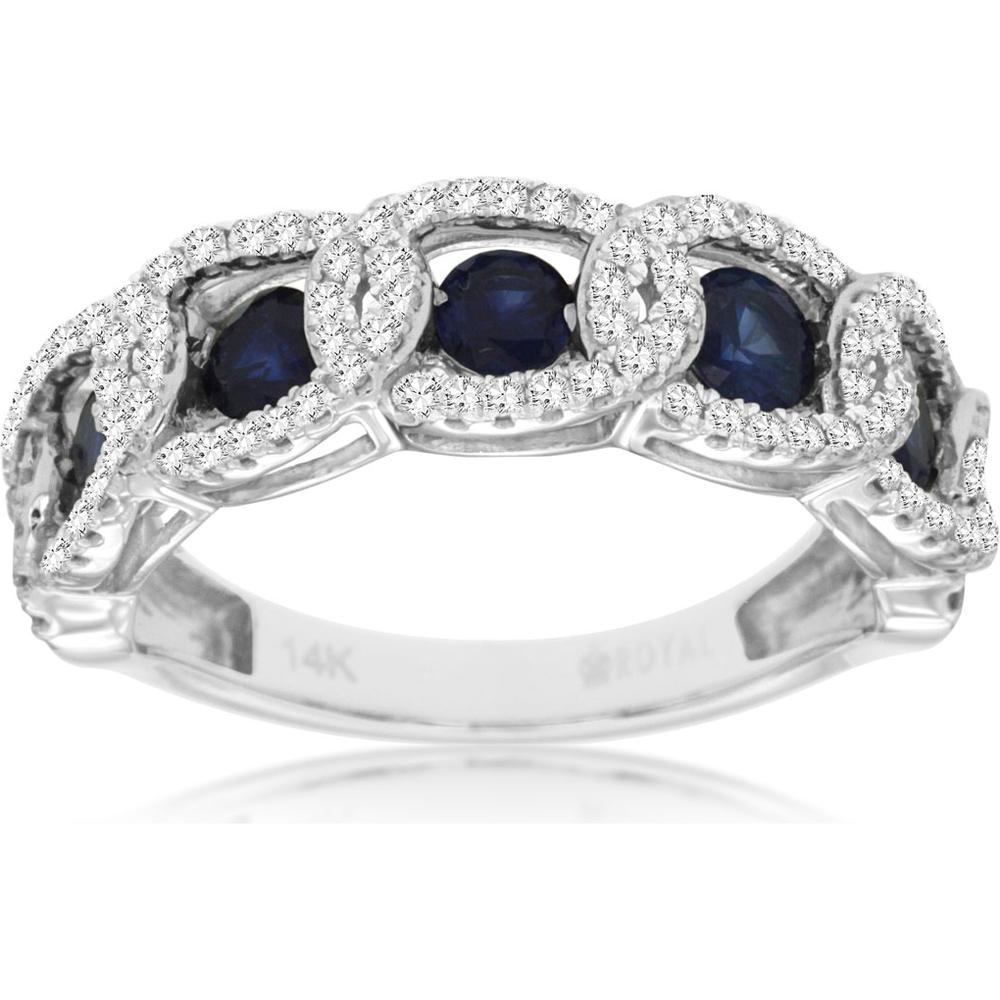 14K White Gold Sapphire & Diamond Swirl Ring with Round Cut Sapphires (0.78cttw) and Pavé Diamonds (0.43cttw) - Royal Jewelry