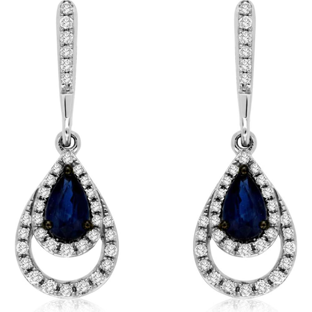 14K White Gold Sapphire and Diamond Teardrop Earrings with Pear-Shaped Sapphire - 1.10 Carats Total Gem Weight