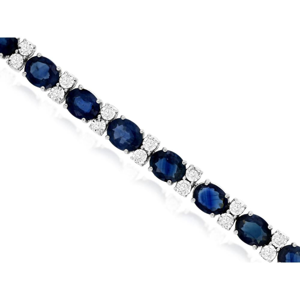 14K White Gold Sapphire and Diamond Tennis Bracelet with Oval Sapphires and Round Diamond Accents - 11.00 Carat Total Sapphire Weight and 0.38 Carat Total Diamond Weight - Royal Jewelry