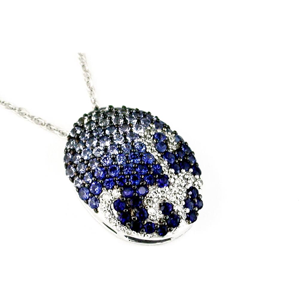 14K White Gold Sapphire & Round Diamond Pendant - 2.10 Carats Sapphire & 0.15 Carats Total Diamond Weight