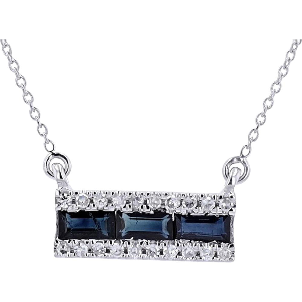 14K White Gold Sapphire Bar Necklace with Pavé Diamond Accents - 0.50 Carat Sapphire, 0.10 Carat Diamond Total Weight