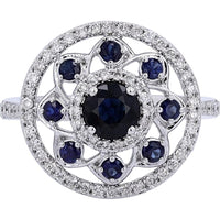 14K White Gold Sapphire Cocktail Ring with Diamond Halo - 1.00 Carats Sapphire, 0.43 Carats Total Diamond Weight