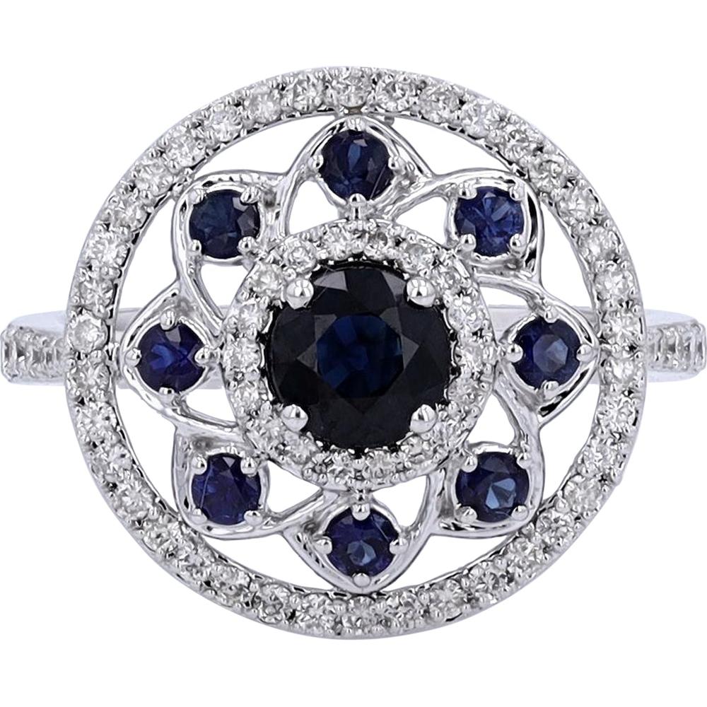 14K White Gold Sapphire Cocktail Ring with Diamond Halo - 1.00 Carats Sapphire, 0.43 Carats Total Diamond Weight