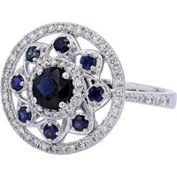 14K White Gold Sapphire Cocktail Ring with Diamond Halo - 1.00 Carats Sapphire, 0.43 Carats Total Diamond Weight