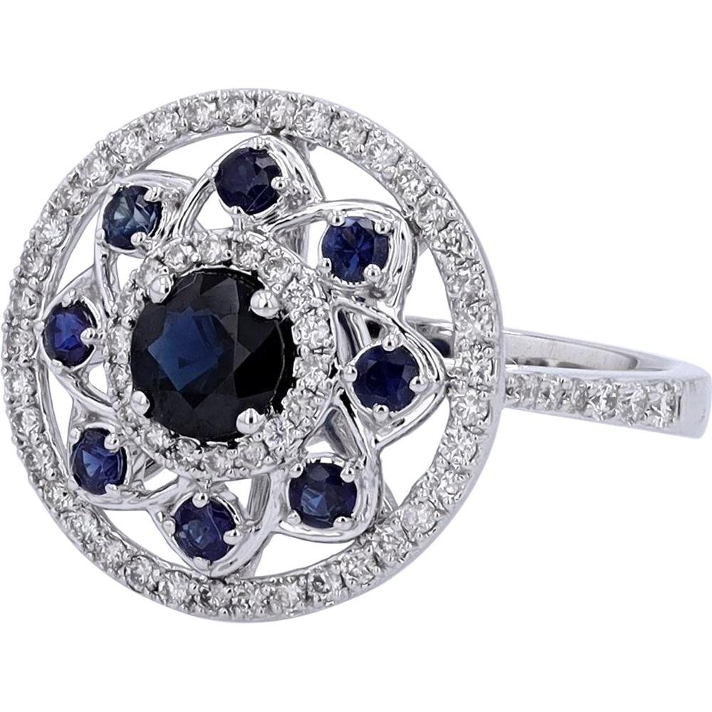 14K White Gold Sapphire Cocktail Ring with Diamond Halo - 1.00 Carats Sapphire, 0.43 Carats Total Diamond Weight