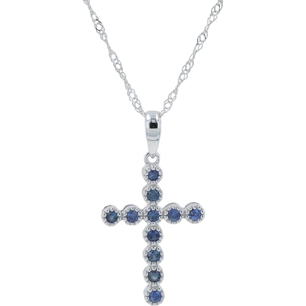 14K White Gold Sapphire Cross Pendant with 0.20 Carat Round Sapphires
