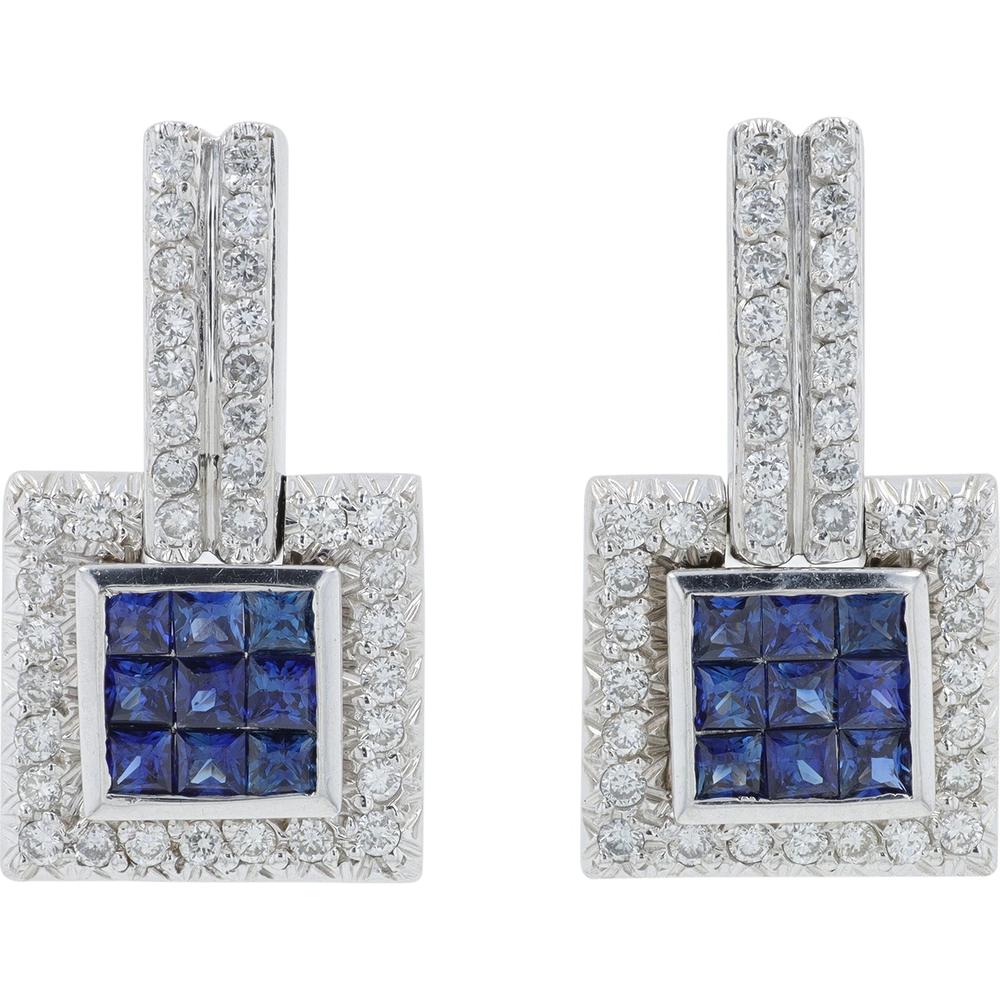 14K White Gold Sapphire Earrings with Diamond Halo - 1.00 Carat Sapphire and 1.50 Carat Total Diamond Weight