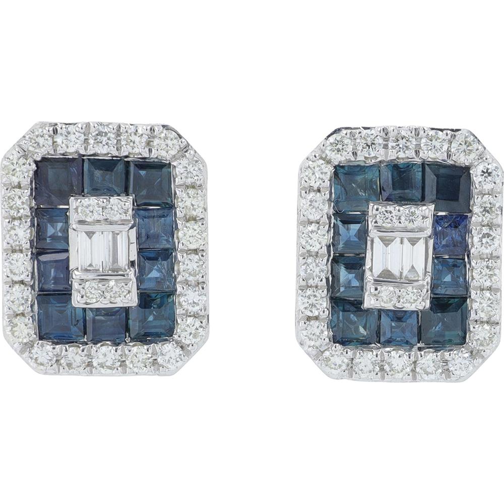 14K White Gold Sapphire Earrings with Diamond Halo - 1.25 Carat Total Sapphire Weight, 0.40 Carat Total Diamond Weight