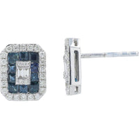 14K White Gold Sapphire Earrings with Diamond Halo - 1.25 Carat Total Sapphire Weight, 0.40 Carat Total Diamond Weight