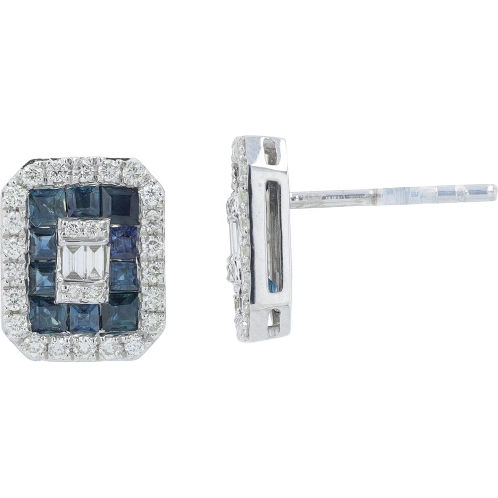 14K White Gold Sapphire Earrings with Diamond Halo - 1.25 Carat Total Sapphire Weight, 0.40 Carat Total Diamond Weight