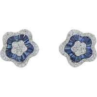 14K White Gold Sapphire Flower Earrings with 0.45 Carat Total Diamond Weight - 1.50 Carat Total Sapphire Weight