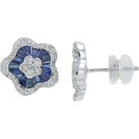 14K White Gold Sapphire Flower Earrings with 0.45 Carat Total Diamond Weight - 1.50 Carat Total Sapphire Weight