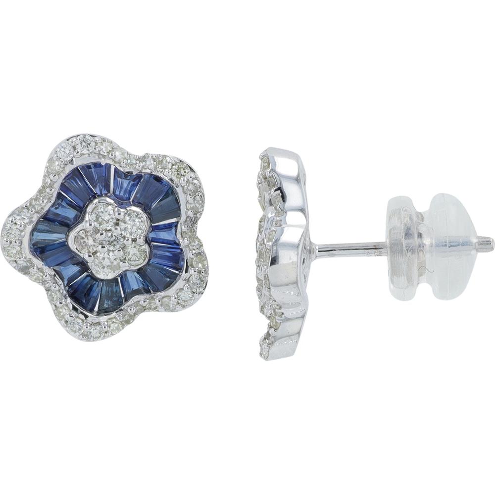 14K White Gold Sapphire Flower Earrings with 0.45 Carat Total Diamond Weight - 1.50 Carat Total Sapphire Weight