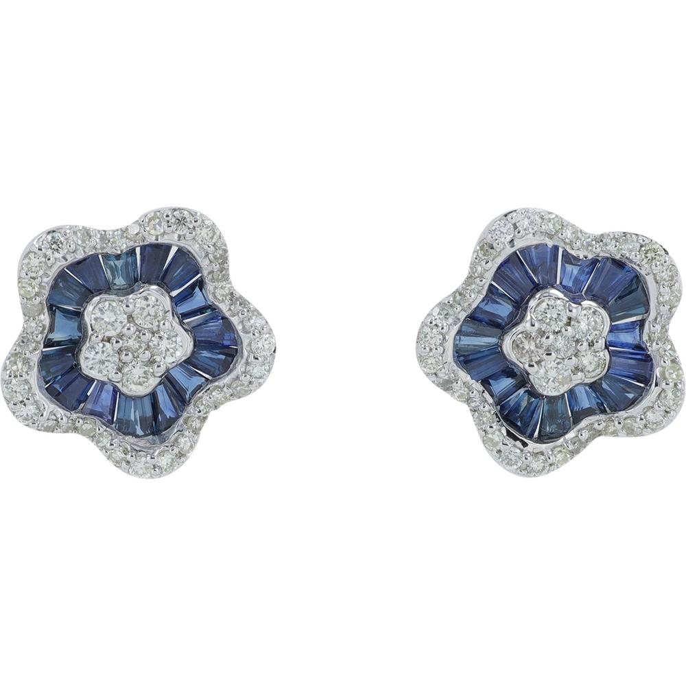 14K White Gold Sapphire Flower Earrings with 0.45 Carat Total Diamond Weight and 1.50 Carat Total Sapphire Weight