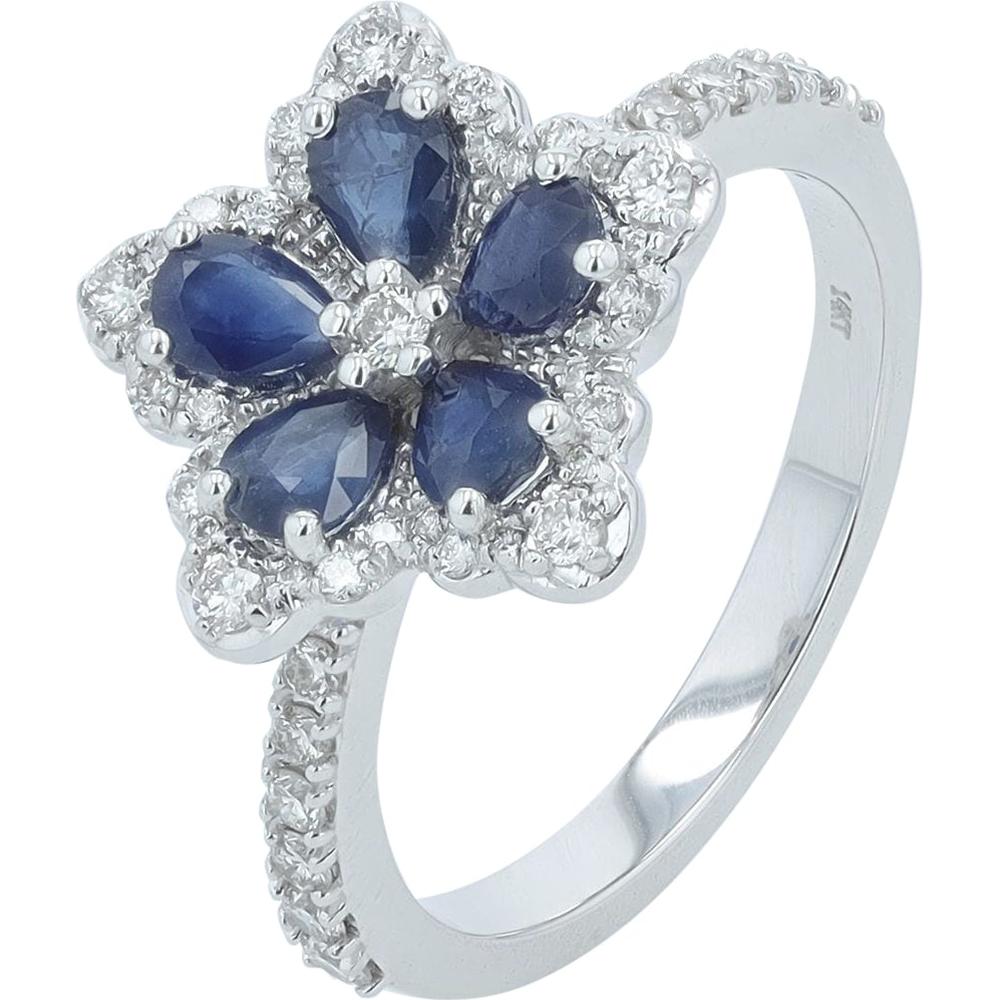 14K White Gold Sapphire Flower Ring with Diamond Accents - 0.60 Carat Total Diamond Weight