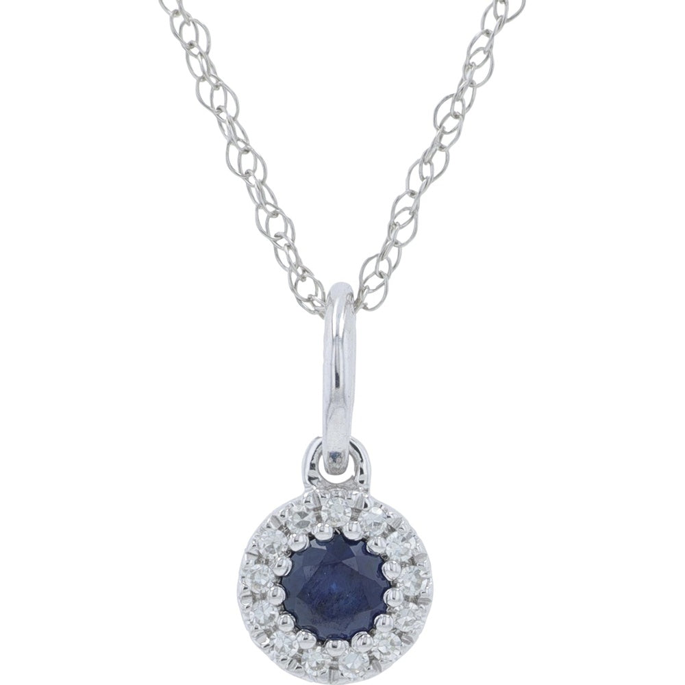 14K White Gold Sapphire Halo Pendant with Round Sapphire and 0.04 Carat Diamond Accents on Cable Chain - 0.20 Carat Total Gemstone Weight