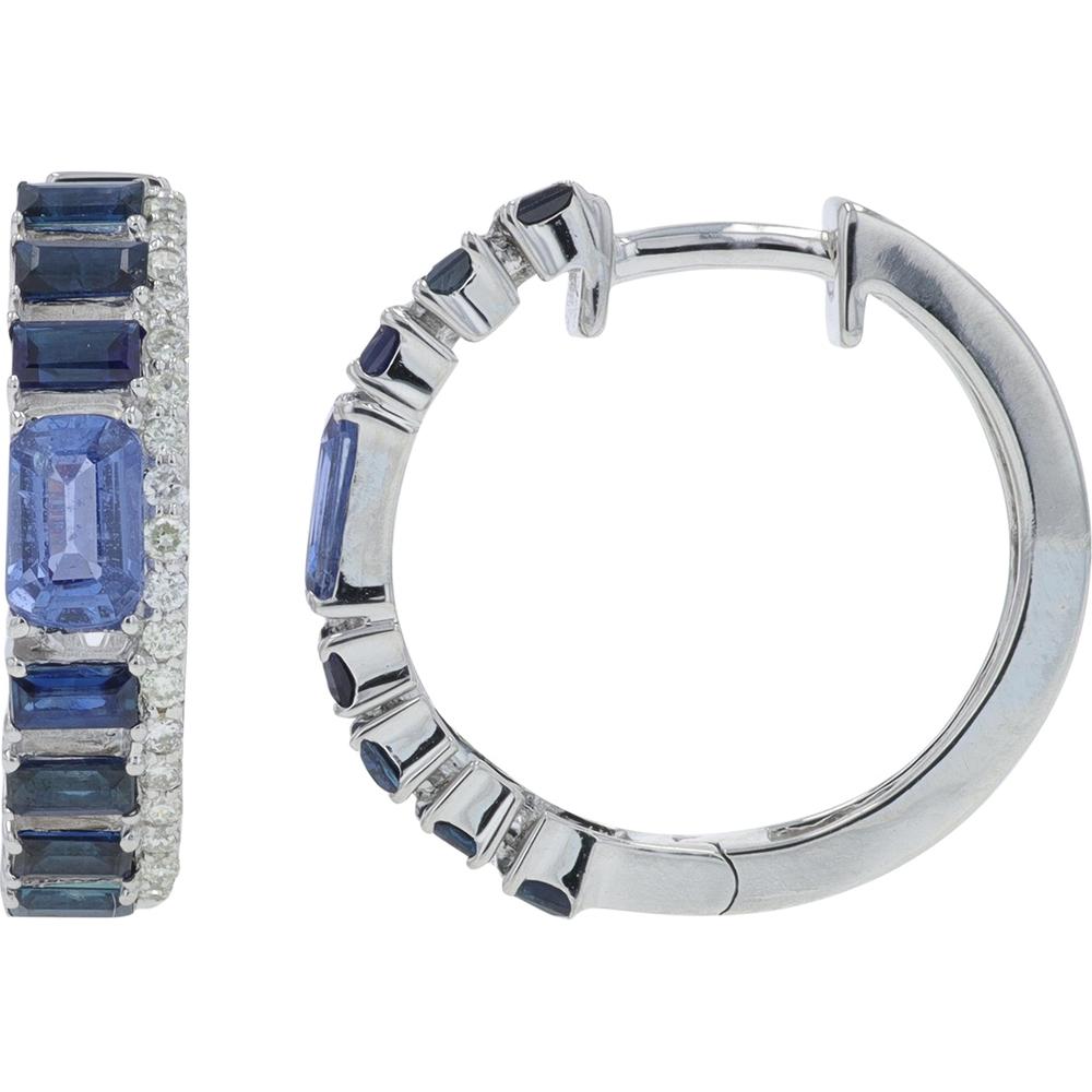 14K White Gold Sapphire Hoops with 1.70 Carat Total Blue Sapphires and 0.20 Carat Diamonds