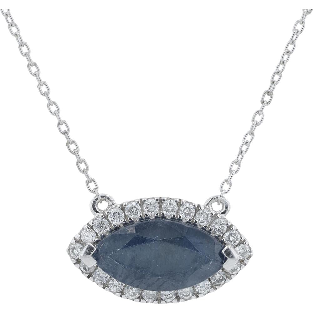 14K White Gold Sapphire Necklace with Diamond Halo - 1.75 Carat Sapphire, 0.13 Carat Diamond Total Weight