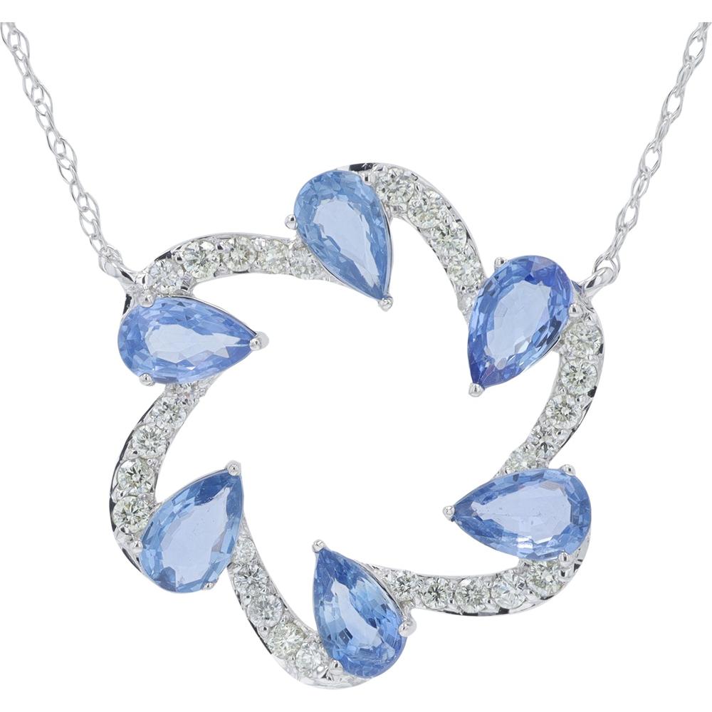 14K White Gold Sapphire Pendant with Pear - Shaped Sapphires and Diamond Swirl - 1.50 Carat Total Gemstone Weight, 0.25 Carat Total Diamond Weight