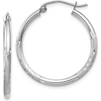 14K White Gold Satin and Diamond-Cut 2mm Round Hoop Earrings - 25mm Length by 0
