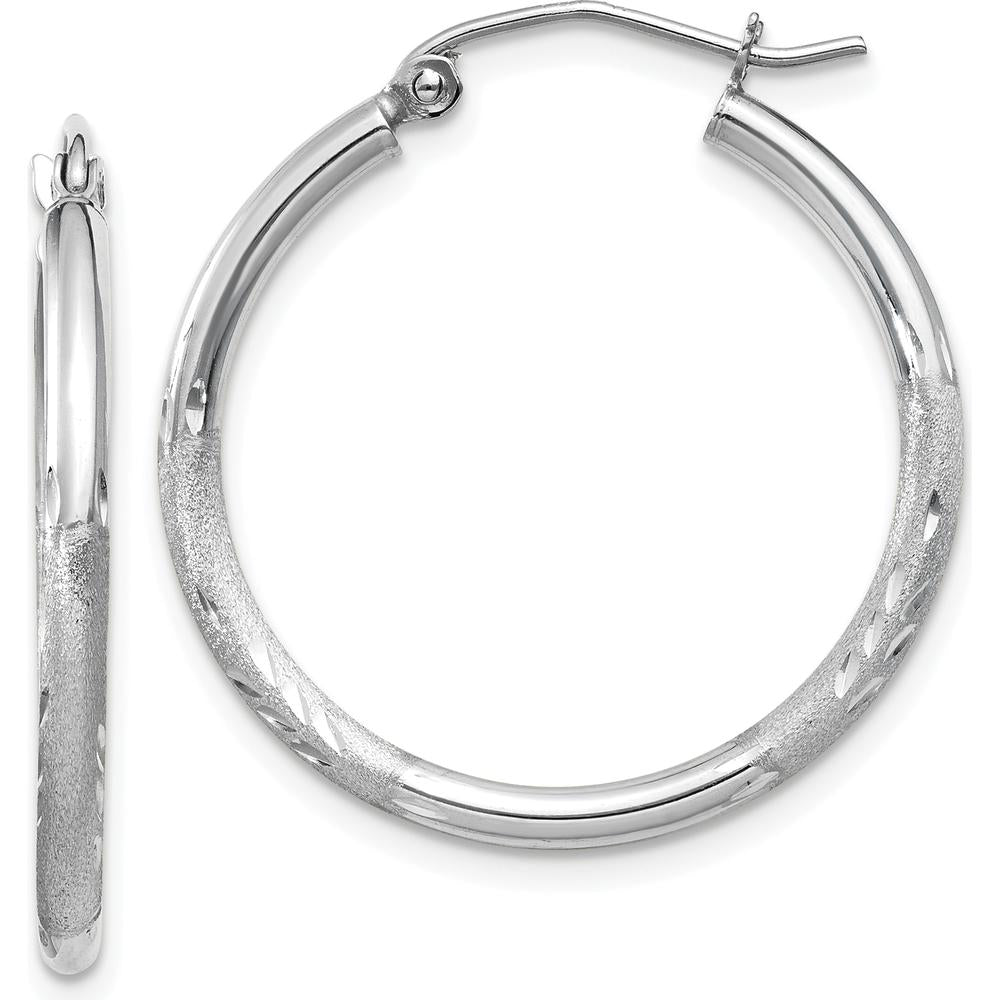 14K White Gold Satin and Diamond-Cut 2mm Round Hoop Earrings - 25mm Length by 0