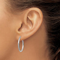 14K White Gold Satin and Diamond-Cut 2mm Round Hoop Earrings - 25mm Length by 0