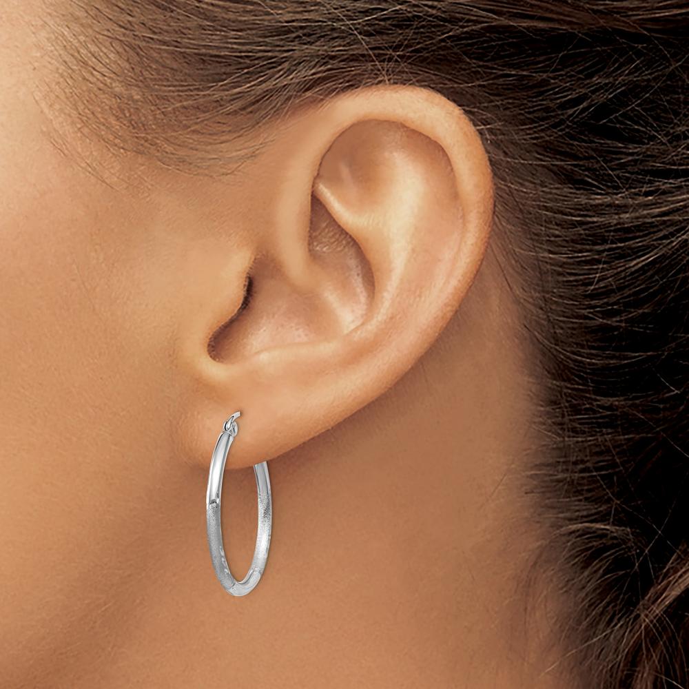 14K White Gold Satin and Diamond-Cut 2mm Round Hoop Earrings - 25mm Length by 0