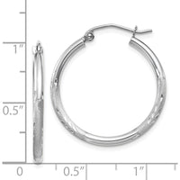 14K White Gold Satin and Diamond-Cut 2mm Round Hoop Earrings - 25mm Length by 0