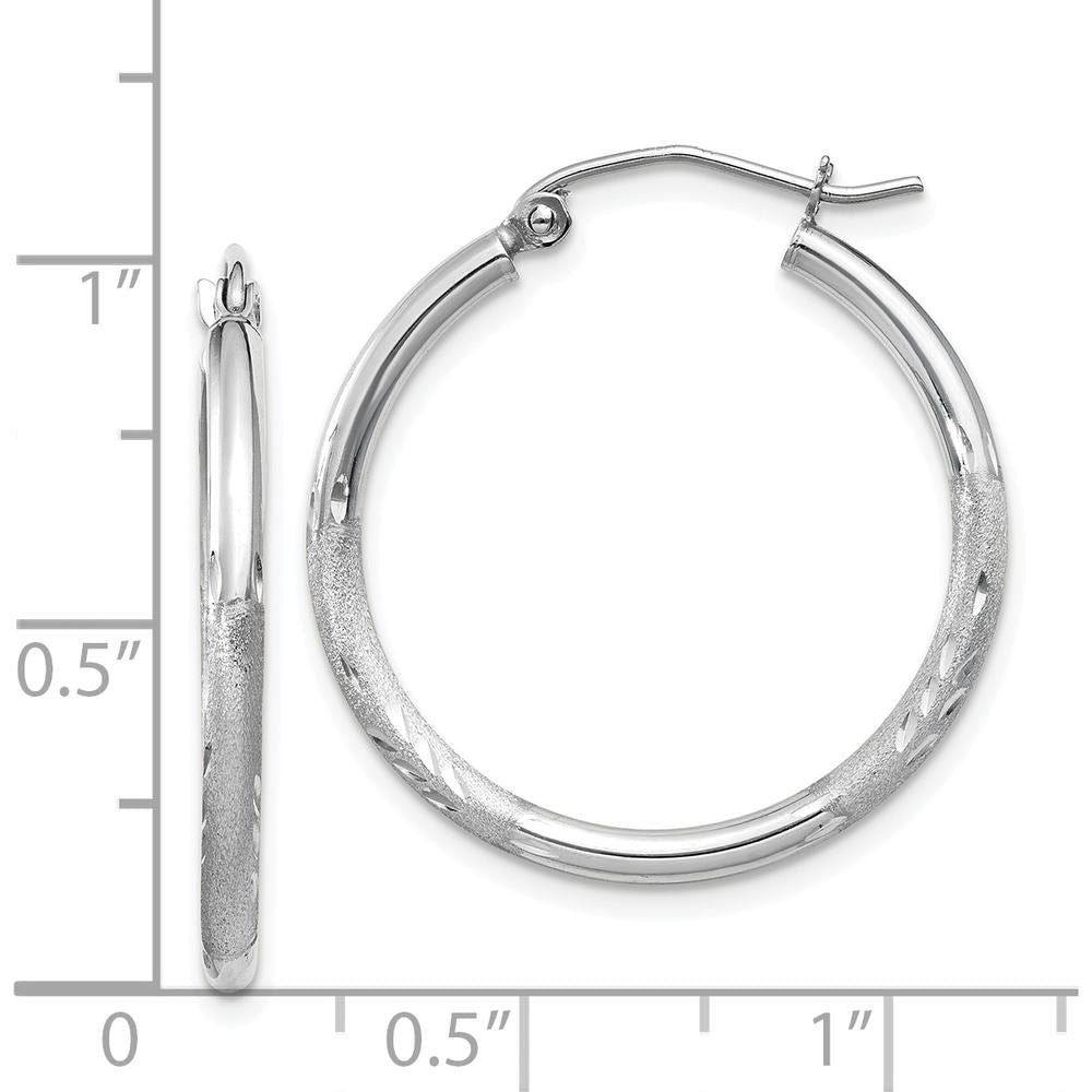 14K White Gold Satin and Diamond-Cut 2mm Round Hoop Earrings - 25mm Length by 0