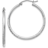 14K White Gold Satin and Diamond-Cut 2mm Round Hoop Earrings - 30mm Length by 0