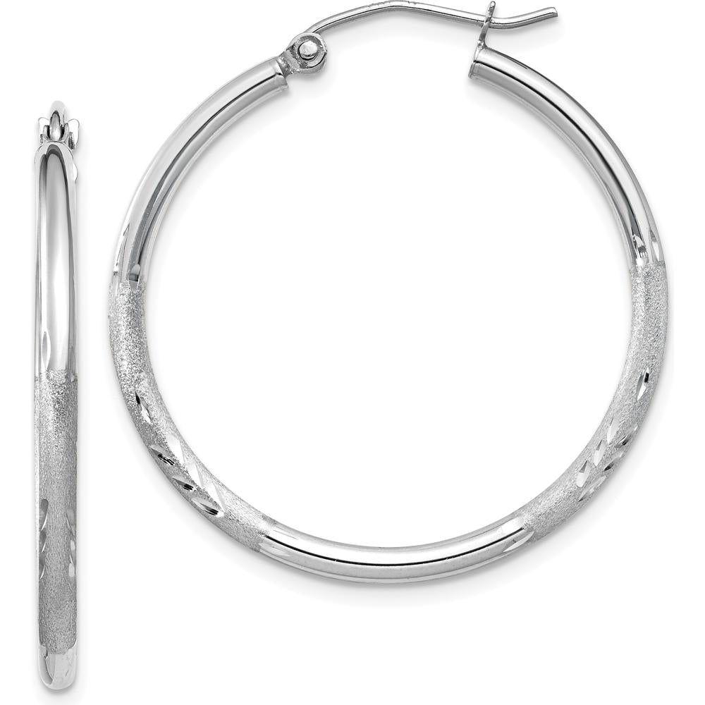 14K White Gold Satin and Diamond-Cut 2mm Round Hoop Earrings - 30mm Length by 0