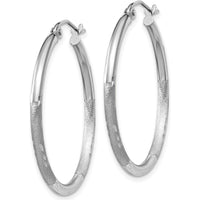 14K White Gold Satin and Diamond-Cut 2mm Round Hoop Earrings - 30mm Length by 0