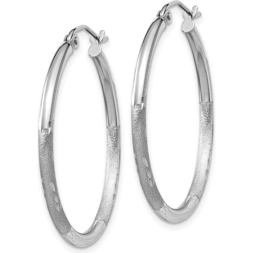 14K White Gold Satin and Diamond-Cut 2mm Round Hoop Earrings - 30mm Length by 0