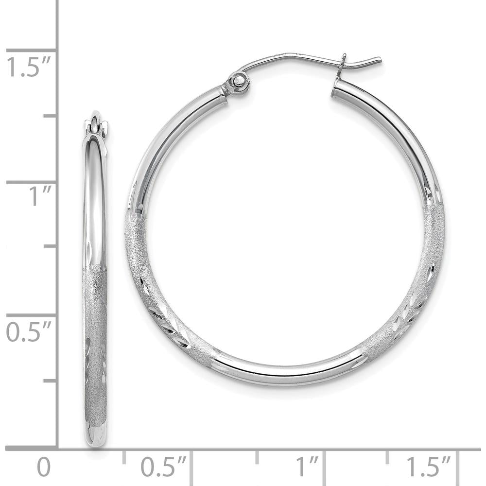 14K White Gold Satin and Diamond-Cut 2mm Round Hoop Earrings - 30mm Length by 0