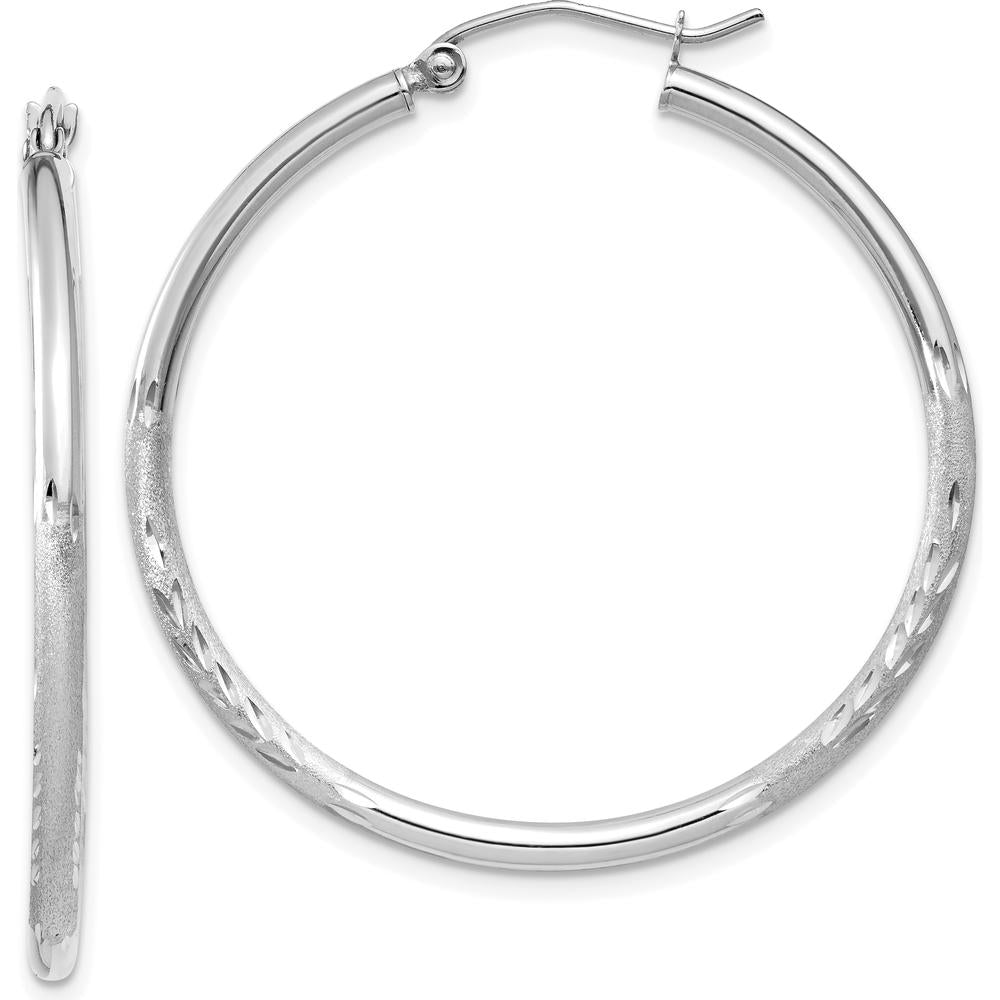 14K White Gold Satin and Diamond-Cut 2mm Round Hoop Earrings - 35mm by 0