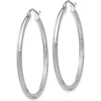 14K White Gold Satin and Diamond-Cut 2mm Round Hoop Earrings - 35mm by 0