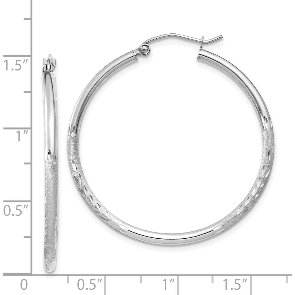 14K White Gold Satin and Diamond-Cut 2mm Round Hoop Earrings - 35mm by 0