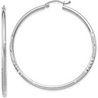 14K White Gold Satin and Diamond-Cut 2mm Round Hoop Earrings - 45mm Length by 0
