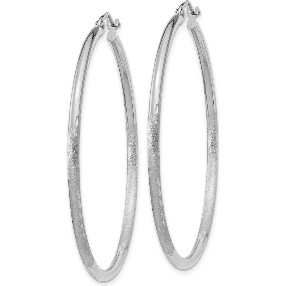 14K White Gold Satin and Diamond-Cut 2mm Round Hoop Earrings - 45mm Length by 0