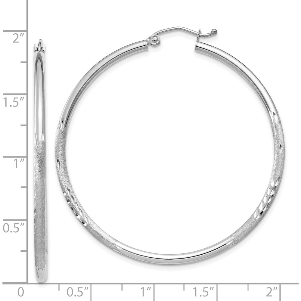 14K White Gold Satin and Diamond-Cut 2mm Round Hoop Earrings - 45mm Length by 0