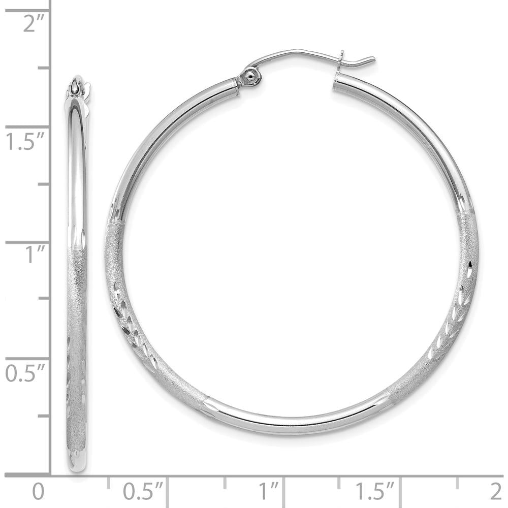 14K White Gold Satin and Diamond-Cut 2mm Round Hoop Earrings by 0