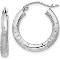 14K White Gold Satin and Diamond-Cut 3mm Round Hoop Earrings - Polished & Brushed Finish by 0