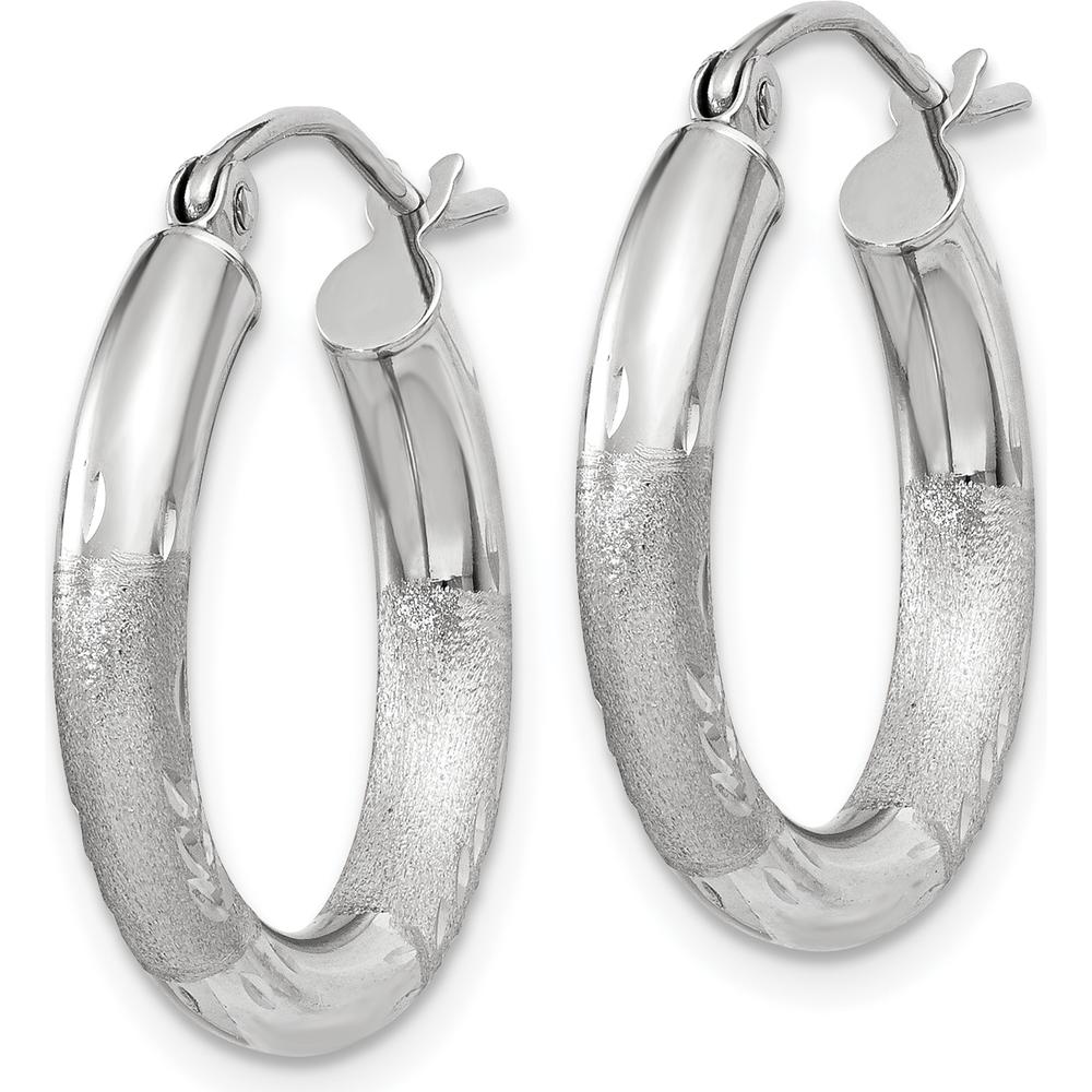14K White Gold Satin and Diamond-Cut 3mm Round Hoop Earrings - Polished & Brushed Finish by 0