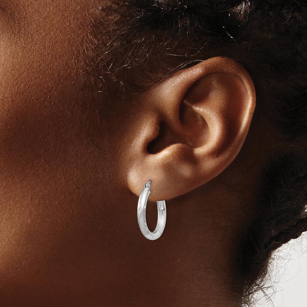 14K White Gold Satin and Diamond-Cut 3mm Round Hoop Earrings - Polished & Brushed Finish by 0