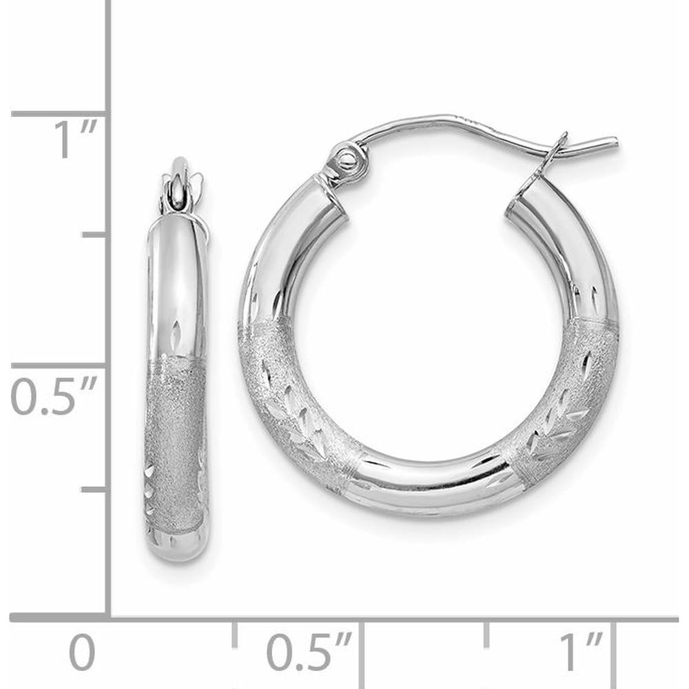 14K White Gold Satin and Diamond-Cut 3mm Round Hoop Earrings - Polished & Brushed Finish by 0