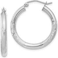14K White Gold Satin and Diamond-Cut 3mm Round Hoop Earrings - Rhodium Plated, 20mm Length by 0