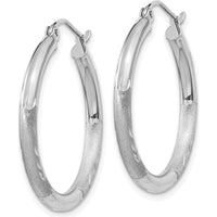 14K White Gold Satin and Diamond-Cut 3mm Round Hoop Earrings - Rhodium Plated, 20mm Length by 0