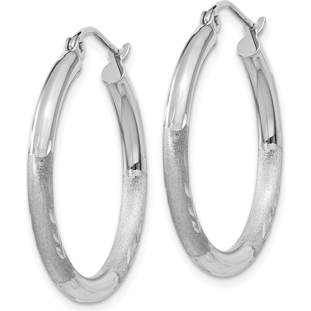 14K White Gold Satin and Diamond-Cut 3mm Round Hoop Earrings - Rhodium Plated, 20mm Length by 0
